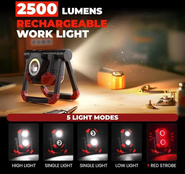 Alt view image 2 of 7 - Yzoni 2 Pack LED Work Light Rechargeable, 2 COB 2500LM Folding Portable Flood Light with Magnetic Base and 360° Rotation Stand, Spotlights for Camping Car Repairing Emergency Job Site Lighting