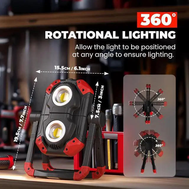 Alt view image 3 of 7 - Yzoni 2 Pack LED Work Light Rechargeable, 2 COB 2500LM Folding Portable Flood Light with Magnetic Base and 360° Rotation Stand, Spotlights for Camping Car Repairing Emergency Job Site Lighting
