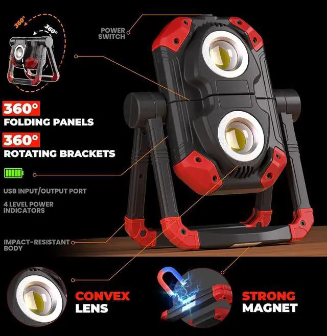 Alt view image 4 of 7 - Yzoni 2 Pack LED Work Light Rechargeable, 2 COB 2500LM Folding Portable Flood Light with Magnetic Base and 360° Rotation Stand, Spotlights for Camping Car Repairing Emergency Job Site Lighting