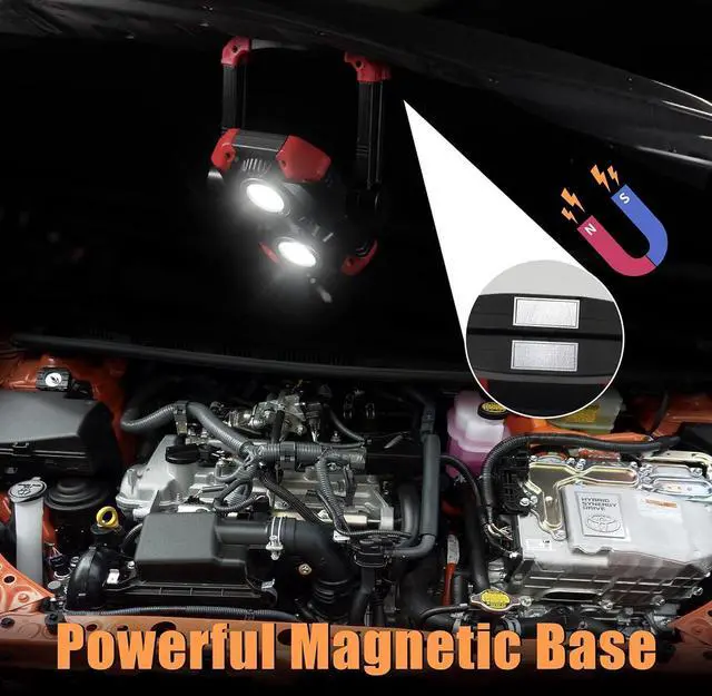 Alt view image 5 of 7 - Yzoni 2 Pack LED Work Light Rechargeable, 2 COB 2500LM Folding Portable Flood Light with Magnetic Base and 360° Rotation Stand, Spotlights for Camping Car Repairing Emergency Job Site Lighting