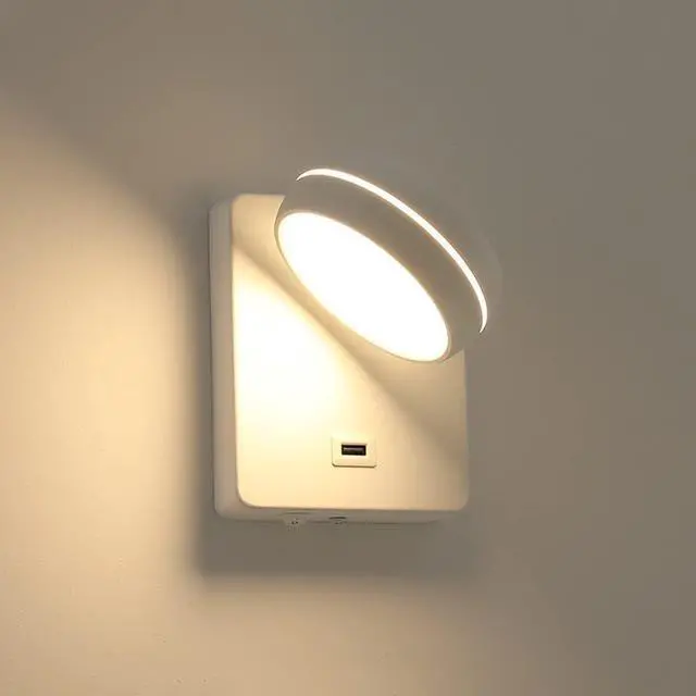 Main image of Adjustable LED Wall Light with USB Charging Port - Reading Lamp for Bedroom and Dormitory (Black, 3000K)(White-6000)