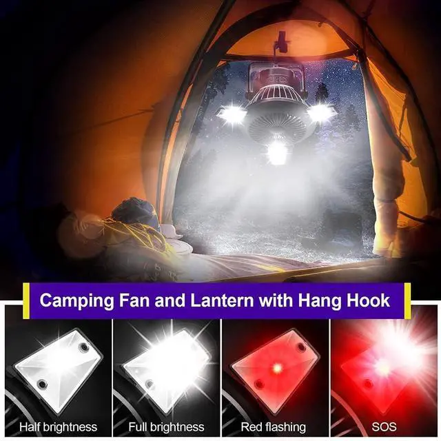 Alt view image 2 of 7 - Camping Fans with LED Lights Tent Fan with Hanging Hook Rechargeable Battery Operated Handy Fan for Home and Camping