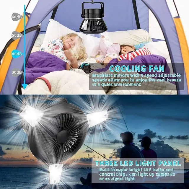Alt view image 4 of 7 - Camping Fans with LED Lights Tent Fan with Hanging Hook Rechargeable Battery Operated Handy Fan for Home and Camping