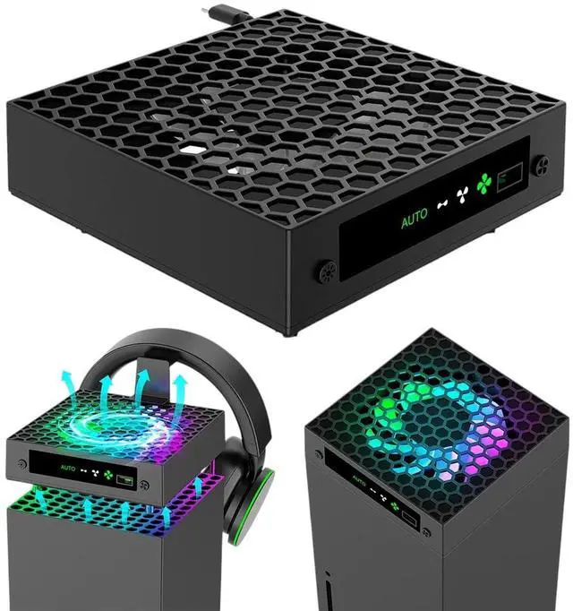 Main image of RGB Cooling Fan with Adjustable Speed for Series X ole Featuring Headset Holders and USB Port