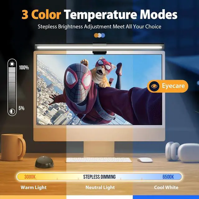 Alt view image 2 of 7 - Computer Monitor Light,Screen Monitor Light Bar with Backlight for Eye Caring,E-Reading LED Task Lamp with Color/Dimming Adjustment,Remote Control,No Screen Glare Space Saving Home Office Lamp