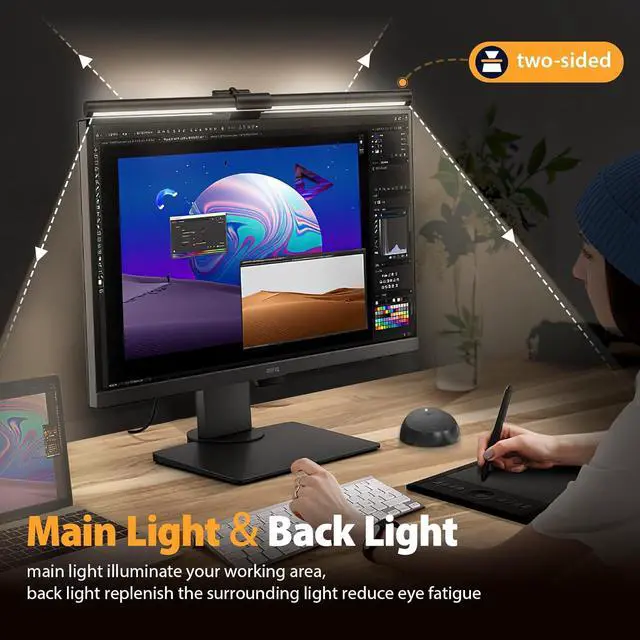 Alt view image 3 of 7 - Computer Monitor Light,Screen Monitor Light Bar with Backlight for Eye Caring,E-Reading LED Task Lamp with Color/Dimming Adjustment,Remote Control,No Screen Glare Space Saving Home Office Lamp