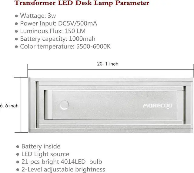 Alt view image 5 of 7 - MORECOO Super Bright Portable LED Desk Lamp, Eye-Care Foldable Lamp for Bedtime Studying or Reading and Outdoor Camping, 2 Brightness Settings (Silver)