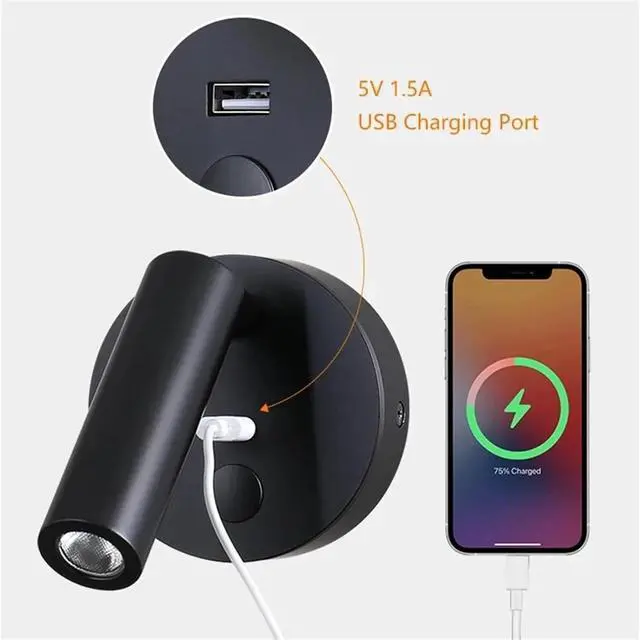 Alt view image 5 of 7 - White,Hardwired Lamp to Reading Book Touch Dimmer Switch Sconces LED Bedside Reading Light USB Charger Focus Beam Home RV Boat