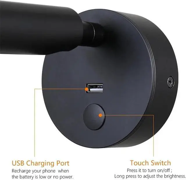 Alt view image 7 of 7 - White,Hardwired Lamp to Reading Book Touch Dimmer Switch Sconces LED Bedside Reading Light USB Charger Focus Beam Home RV Boat