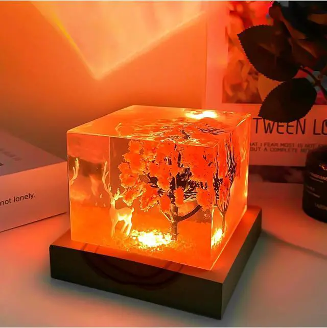 Main image of Pink Resin Cube Night Light, 2 inch Transparent Cube Night USB Lamp with Preserved Flower&Elk, Square Resin Decoration Lights with Wooden Base,Unique Gift for Wife,Lover,Friends