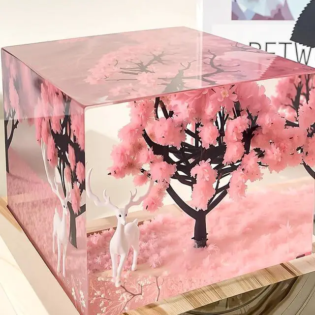 Alt view image 2 of 7 - Pink Resin Cube Night Light, 2 inch Transparent Cube Night USB Lamp with Preserved Flower&Elk, Square Resin Decoration Lights with Wooden Base,Unique Gift for Wife,Lover,Friends