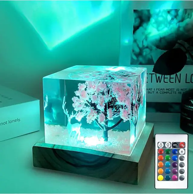 Alt view image 3 of 7 - Pink Resin Cube Night Light, 2 inch Transparent Cube Night USB Lamp with Preserved Flower&Elk, Square Resin Decoration Lights with Wooden Base,Unique Gift for Wife,Lover,Friends