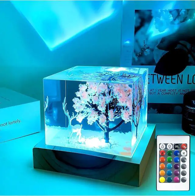 Alt view image 4 of 7 - Pink Resin Cube Night Light, 2 inch Transparent Cube Night USB Lamp with Preserved Flower&Elk, Square Resin Decoration Lights with Wooden Base,Unique Gift for Wife,Lover,Friends
