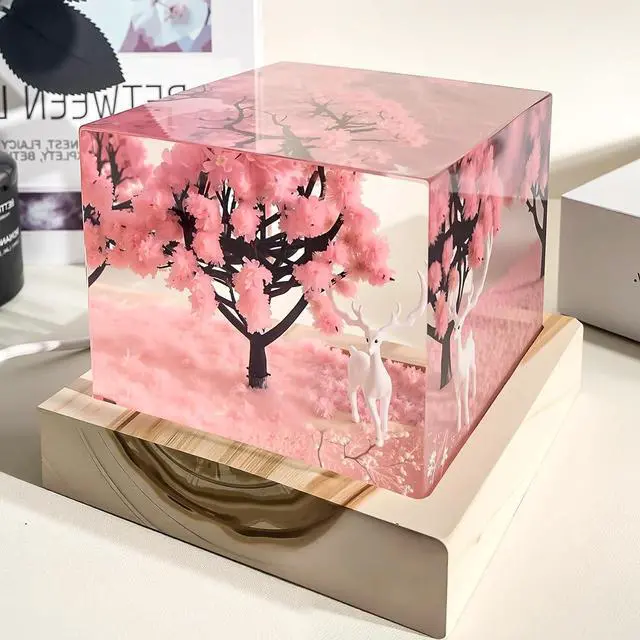Alt view image 5 of 7 - Pink Resin Cube Night Light, 2 inch Transparent Cube Night USB Lamp with Preserved Flower&Elk, Square Resin Decoration Lights with Wooden Base,Unique Gift for Wife,Lover,Friends