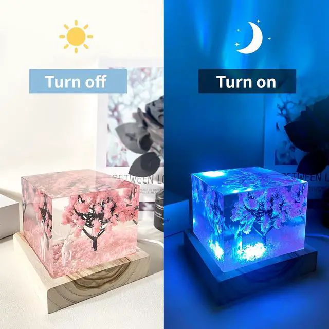 Alt view image 6 of 7 - Pink Resin Cube Night Light, 2 inch Transparent Cube Night USB Lamp with Preserved Flower&Elk, Square Resin Decoration Lights with Wooden Base,Unique Gift for Wife,Lover,Friends