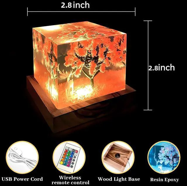 Alt view image 7 of 7 - Pink Resin Cube Night Light, 2 inch Transparent Cube Night USB Lamp with Preserved Flower&Elk, Square Resin Decoration Lights with Wooden Base,Unique Gift for Wife,Lover,Friends