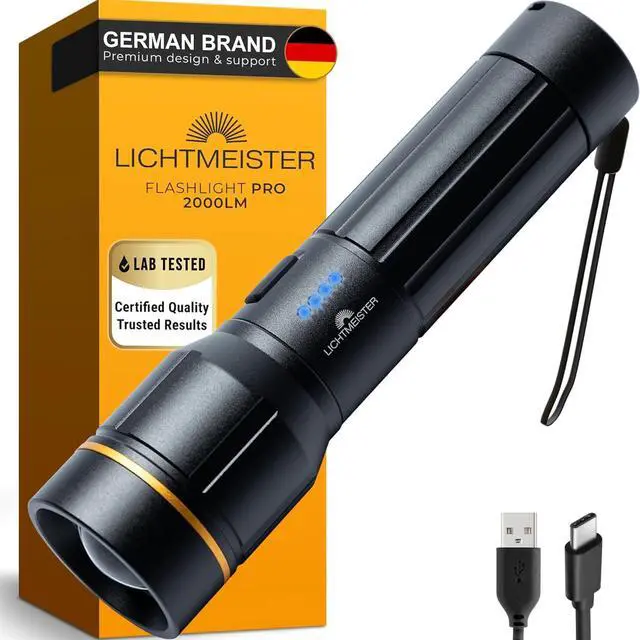 Main image of LICHTMEISTER® Flashlight (2000 Lumens, 5000 mAh Battery)  Rechargeable Flashlight  Flashlights High Lumens  Tactical Flashlight  Flashlight Rechargeable - Extra Bright LED Flashlight