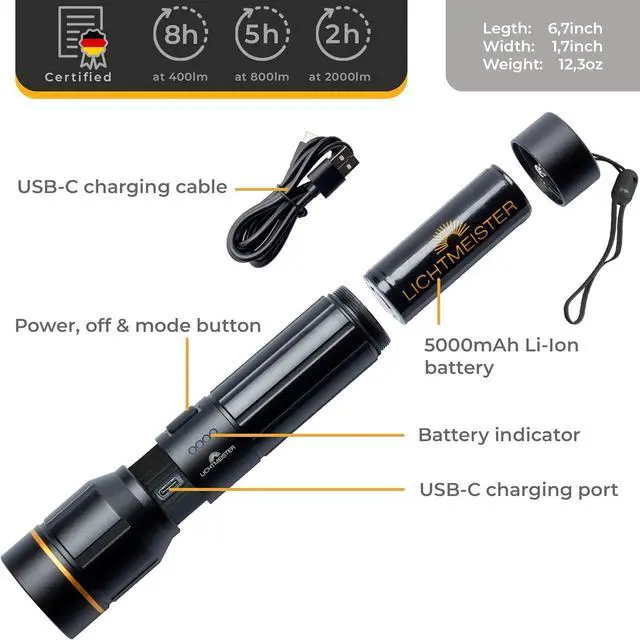 Alt view image 6 of 6 - LICHTMEISTER® Flashlight (2000 Lumens, 5000 mAh Battery)  Rechargeable Flashlight  Flashlights High Lumens  Tactical Flashlight  Flashlight Rechargeable - Extra Bright LED Flashlight