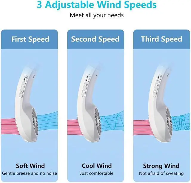 Alt view image 3 of 6 - Hands Free Portable Neck Fan, Mini USB Rechargeable Neck Cooler Fan with 3 Speeds, Personal Air Conditioner Hanging Neckband Cooling Fan for Summer Home Office Sport Indoor Outdoor White