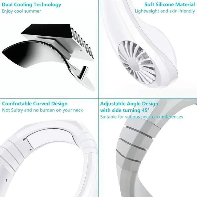Alt view image 4 of 6 - Hands Free Portable Neck Fan, Mini USB Rechargeable Neck Cooler Fan with 3 Speeds, Personal Air Conditioner Hanging Neckband Cooling Fan for Summer Home Office Sport Indoor Outdoor White