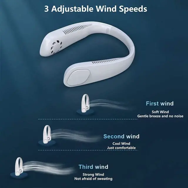 Alt view image 3 of 7 - Portable Bladeless Neckband Fan, 9000 mAh USB Rechargeable Neck Fan, Mini Silent Hanging Cooling Fan Hands Free, 3 Wind Speed, Personal Air Conditioner for Outdoor Sport Travel Blue