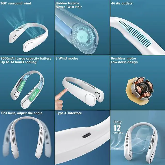 Alt view image 6 of 7 - Portable Bladeless Neckband Fan, 9000 mAh USB Rechargeable Neck Fan, Mini Silent Hanging Cooling Fan Hands Free, 3 Wind Speed, Personal Air Conditioner for Outdoor Sport Travel Blue