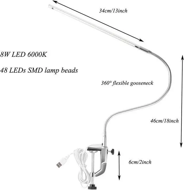Alt view image 6 of 7 - Clip Lights 8W LED Clamp,Aluminum Clip on Light,USB,Work Lights,with Switch and 1.5m Cable,6000K White Light,Flexible Gooseneck Light for Reading Study,Drawing,Office