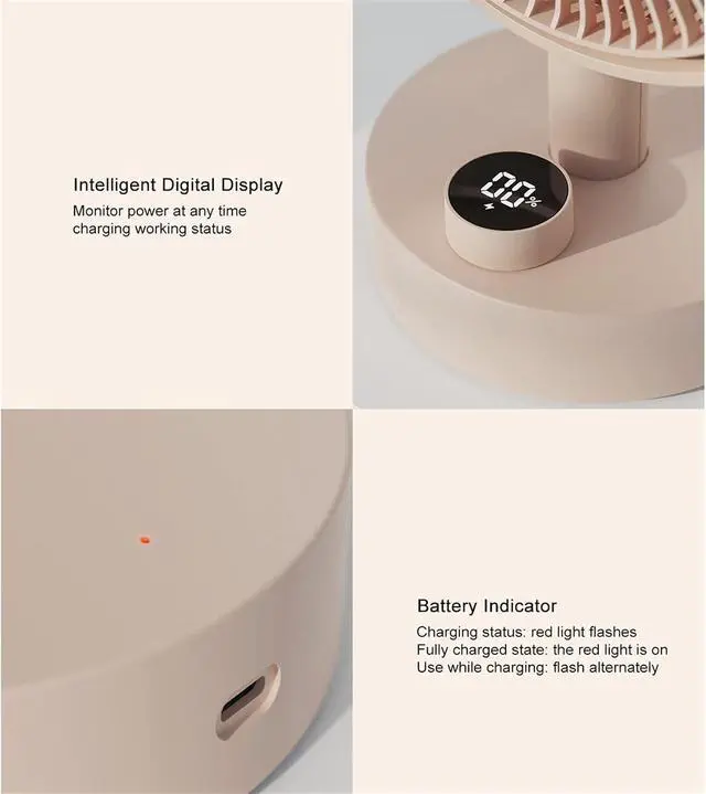 Alt view image 7 of 7 - Countertop Mobile Smart Digital Display Fan, Outdoor Camping Type-C Rechargeable Office Student Dormitory Home Bedroom Fan (Color : White)