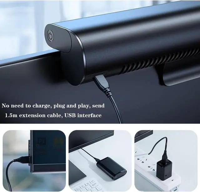 Alt view image 4 of 7 - Computer Monitor Clip On Fan, Portable Desktop Ultra Quiet Screen Hanging Fan with 3 Speeds Touch Control, Compatible with Thickness Less Than 2cm Laptop Display, Black