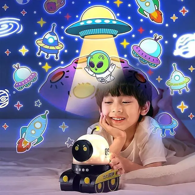 Alt view image 4 of 7 - Kids Cartoon Projector Lamp, Kids Cartoon Projector Night Light, Rechargeable Cartoon Projectors Light, Cartoon Robot Car Projection Lamp with 360° Rotation Silent+21 Slides for Gifts (1)