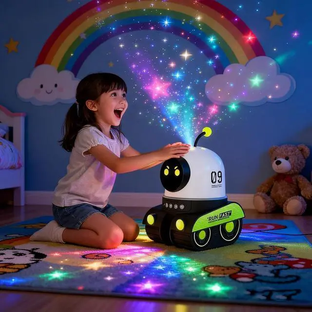 Alt view image 3 of 7 - Kids Cartoon Projector Lamp, Kids Cartoon Projector Night Light, Rechargeable Cartoon Projectors Light, Cartoon Robot Car Projection Lamp with 360° Rotation Silent+21 Slides for Gifts (1)