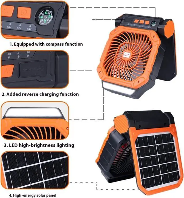 Alt view image 4 of 7 - Rechargeable Outdoor Fan With Solar Panel LED Light 4Wind Speed 3Brightness Light Timer For Camping Fishing Traveling Outdoor Battery Operated Fan With Timer Function