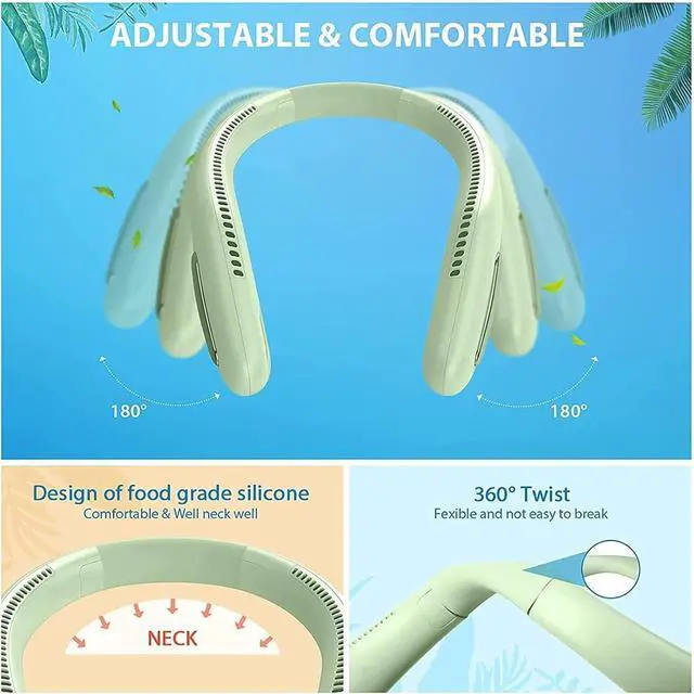 Alt view image 5 of 5 - Portable Neck Fan,USB Rechargeable Hands Free Bladeless Neckband Fans,3 Speeds, Adjustment Wearable Personal Cooling Fan for Outdoor,Sports,Office-Mint Green,Green (Pink)