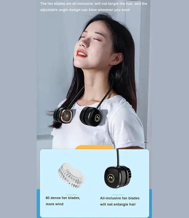 Alt view image 2 of 6 - Neck Fan Personal Fan, Portable Bladeless Fan Cooling Fan, Low Noise USB Hands Free Wearable Rechargeable Fan, 3 Speed 360°Free Rotation Hanging Fan for Office Outdoor Trave,Blue (White)