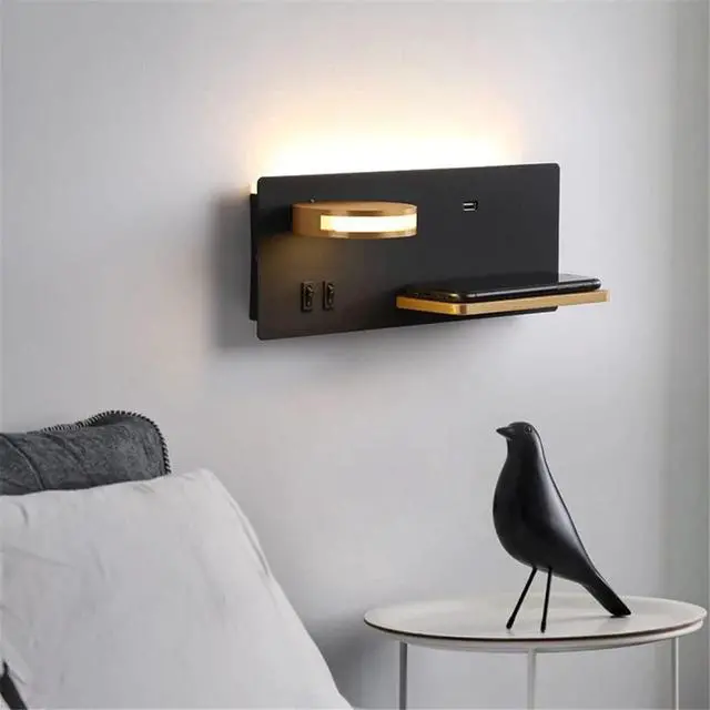 Alt view image 3 of 7 - 11 W LED Indoor Wall Light with 2 Switches, Includes USB Port and Qi Wireless Charger, Warm White 3000 K Bedside Table with 360° Adjustable 5 W Reading Lamp for Bedroom, Living Room,