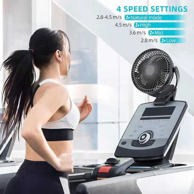 Alt view image 2 of 7 - 10000mAh 8-Inch Rechargeable Battery Operated Clip on Fan, 4 Speeds Fast Aiflow USB Fan, Sturdy Clamp Portable for Outdoor Camper Golf Cart or Indoor Gym Treadmill Personal Office Desk - Black