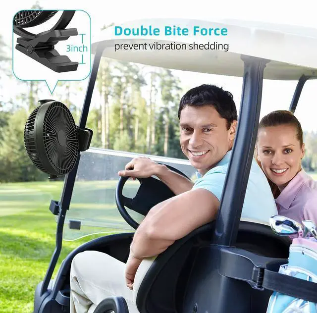 Alt view image 4 of 7 - 10000mAh 8-Inch Rechargeable Battery Operated Clip on Fan, 4 Speeds Fast Aiflow USB Fan, Sturdy Clamp Portable for Outdoor Camper Golf Cart or Indoor Gym Treadmill Personal Office Desk - Black