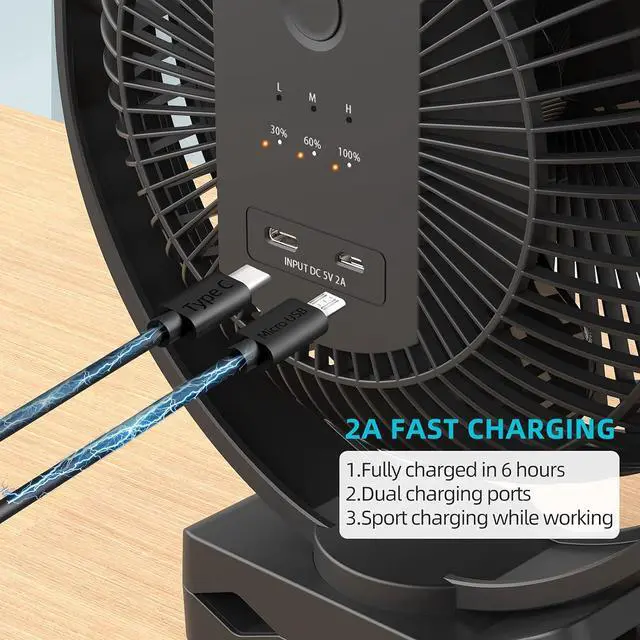 Alt view image 6 of 7 - 10000mAh 8-Inch Rechargeable Battery Operated Clip on Fan, 4 Speeds Fast Aiflow USB Fan, Sturdy Clamp Portable for Outdoor Camper Golf Cart or Indoor Gym Treadmill Personal Office Desk - Black