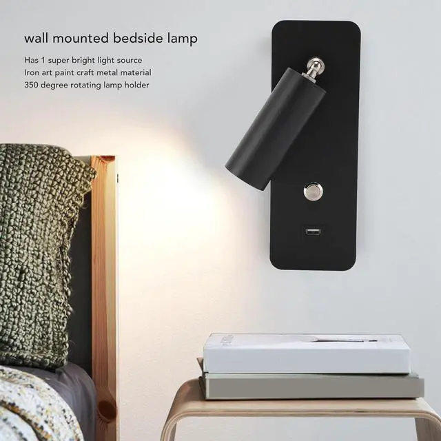 Alt view image 7 of 7 - LED Wall Lamp Wall Mounted Reading Light, USB Charging Port and Button Switch, for Bedside Reading Bedroom Living Room 4000K Rotatable Hardwired