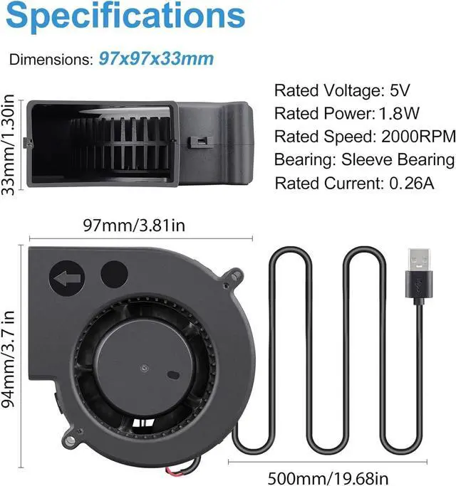 Alt view image 6 of 6 - Centrifugal Blower,Blower Fan, DC 5V 97x94x33mm 9733 Sleeve Bearing USB Blower Silent Cooling Fan for Outdoor BBQ Mobile Stove Centrifugal Turbo Blower Powerful and Energy efficient