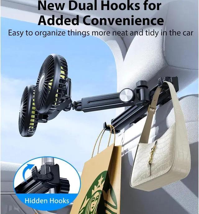 Alt view image 3 of 7 - Dual Head Fan Mount Back Fit For Seat With 3 Wind Speeds Extension Arm Adjustable Summer Air Cooling Fan With 2 Hidden Hooks(Plug-in Style)