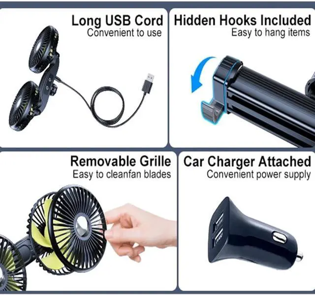 Alt view image 6 of 7 - Dual Head Fan Mount Back Fit For Seat With 3 Wind Speeds Extension Arm Adjustable Summer Air Cooling Fan With 2 Hidden Hooks(Plug-in Style)