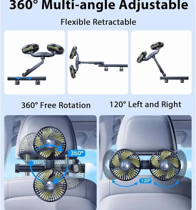 Alt view image 4 of 7 - Dual Head Fan Mount Back Fit For Seat With 3 Wind Speeds Extension Arm Adjustable Summer Air Cooling Fan With 2 Hidden Hooks(Plug-in Style)