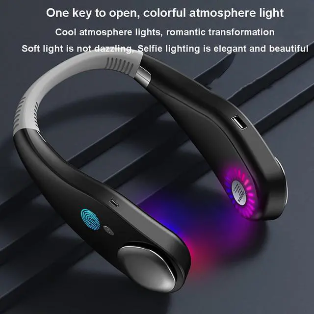 Alt view image 3 of 6 - Necklace Fan, Bladeless Wearable Fan Outdoor Sports Portable Cooling Neck Fan USB Fan,Mobile Charging Fan with Colorful Lights,Black (Pink)