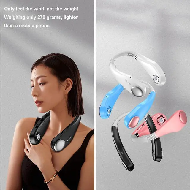 Alt view image 6 of 6 - Necklace Fan, Bladeless Wearable Fan Outdoor Sports Portable Cooling Neck Fan USB Fan,Mobile Charging Fan with Colorful Lights,Black (Pink)