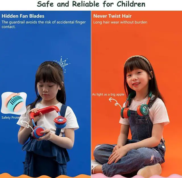 Alt view image 2 of 7 - Portable Hanging Neck Fan for Kids Children, Mini USB Rechargeable Neckband Cooling Fan Hands Free, Cute Lightweght Lazy Fan Silent Personal Air Cooler for Girls Boys Students Outdoor Sports Pink