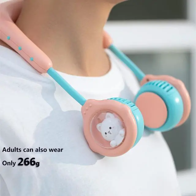 Alt view image 6 of 7 - Portable Hanging Neck Fan for Kids Children, Mini USB Rechargeable Neckband Cooling Fan Hands Free, Cute Lightweght Lazy Fan Silent Personal Air Cooler for Girls Boys Students Outdoor Sports Pink