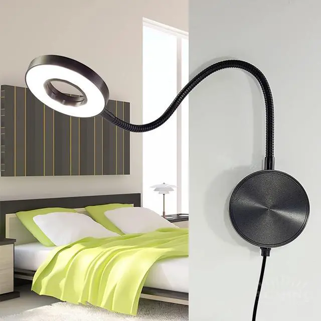 Alt view image 5 of 7 - LED Gooseneck Reading Lamp Dimmable, 5W Wall Mounted Reading Lights Aluminum USB Wall Lamp Light with Switch and Cable 1.9M, Touch Reading Light for Bedrooms, Children's Rooms,Black