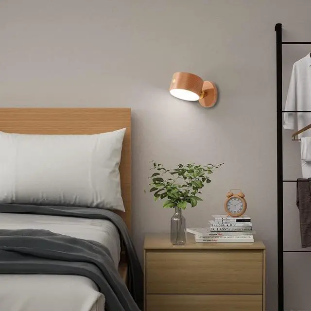 Alt view image 2 of 6 - Wooden Battery Wall Light with Touch Dimmable Switch - 4000K LED Reading Lamp, USB Charging, 360° Rotatable Bedside Lamp, Dark Wood