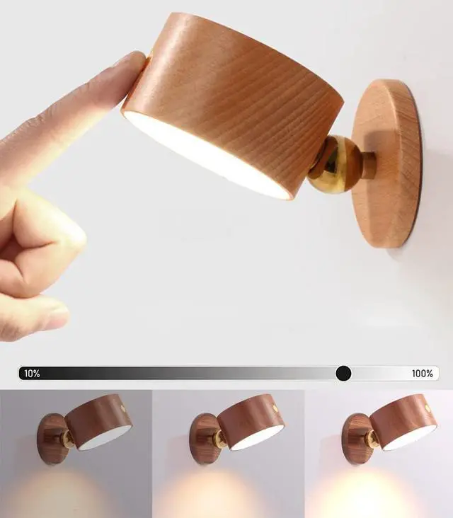 Alt view image 3 of 6 - Wooden Battery Wall Light with Touch Dimmable Switch - 4000K LED Reading Lamp, USB Charging, 360° Rotatable Bedside Lamp, Dark Wood